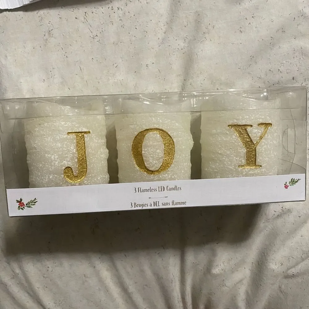 Pier 1, (3) fameless LED candies that spell JOY in gold-made of paraffin wax